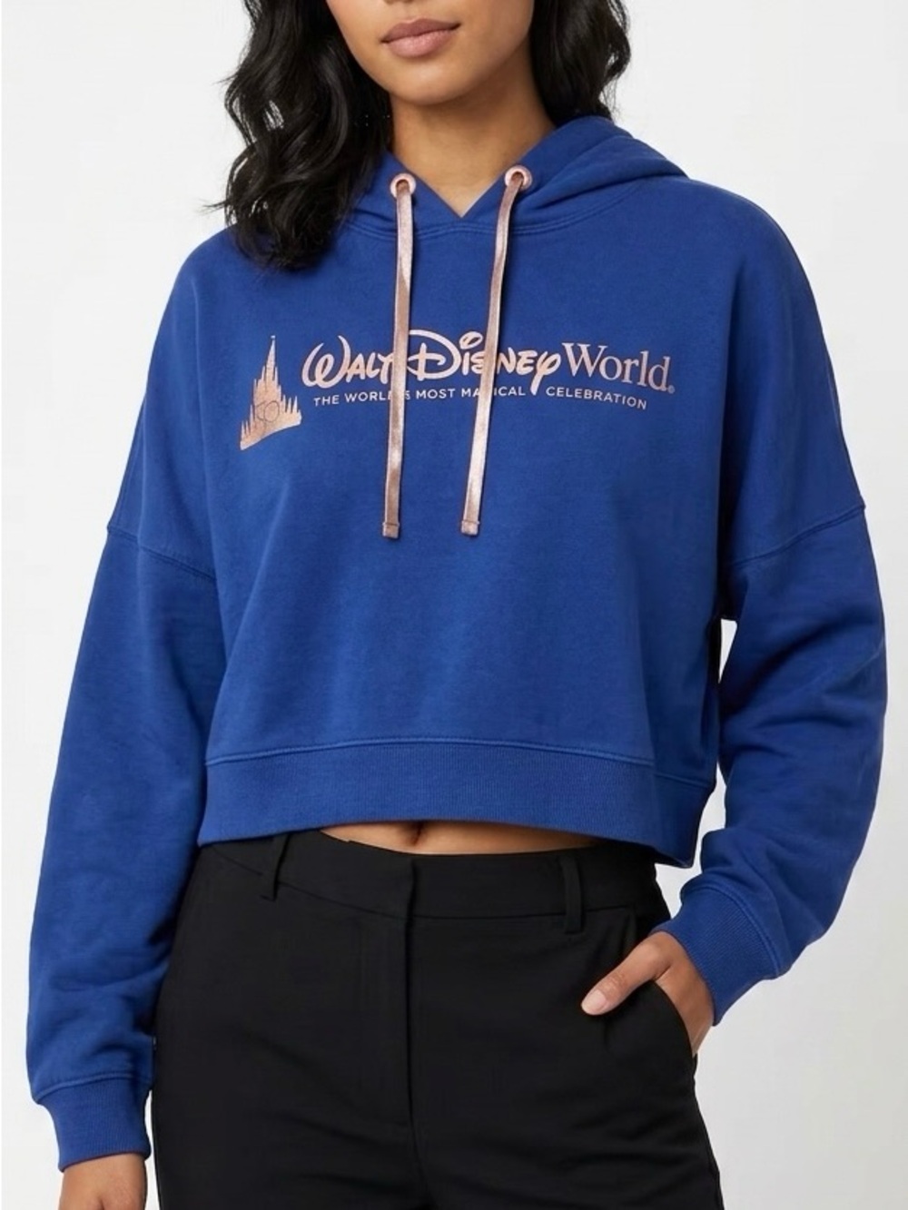 Disney World 50th Anniversary Navy Crop Hoodie XL Rose Gold Sporty-Prep Y2K